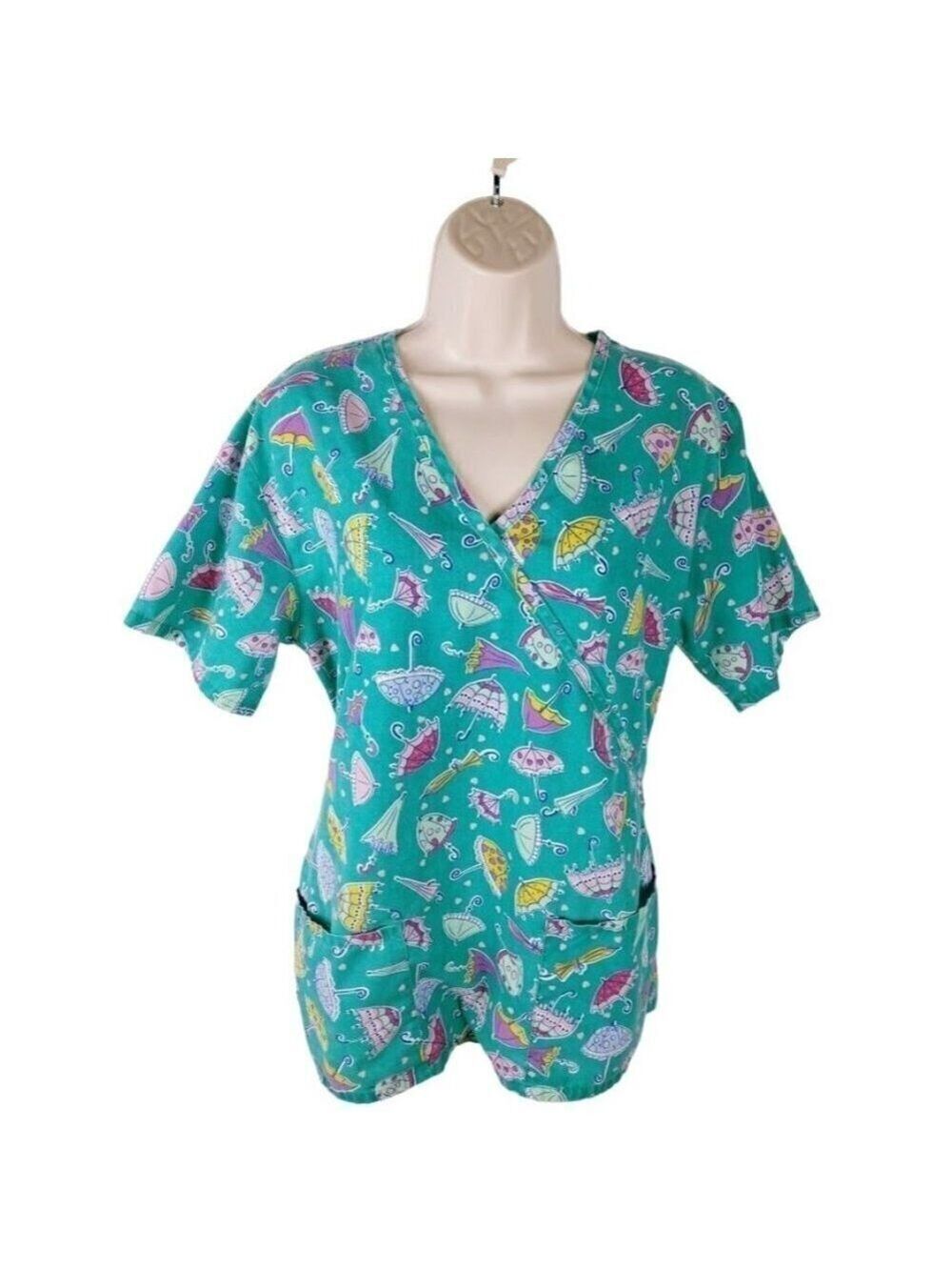 Carol's Scrub Women's Scrub Top Size Small Umbrella Heart Print Teal